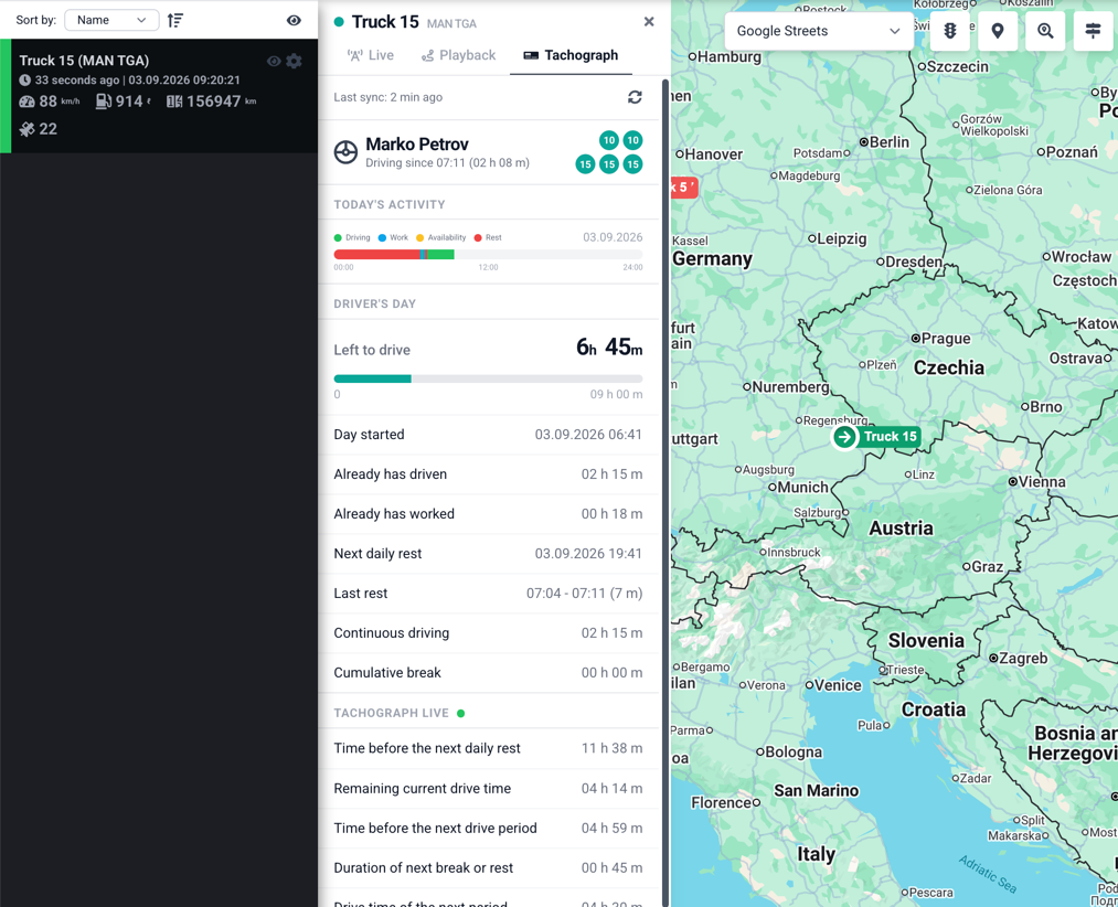 Live driving and rest times